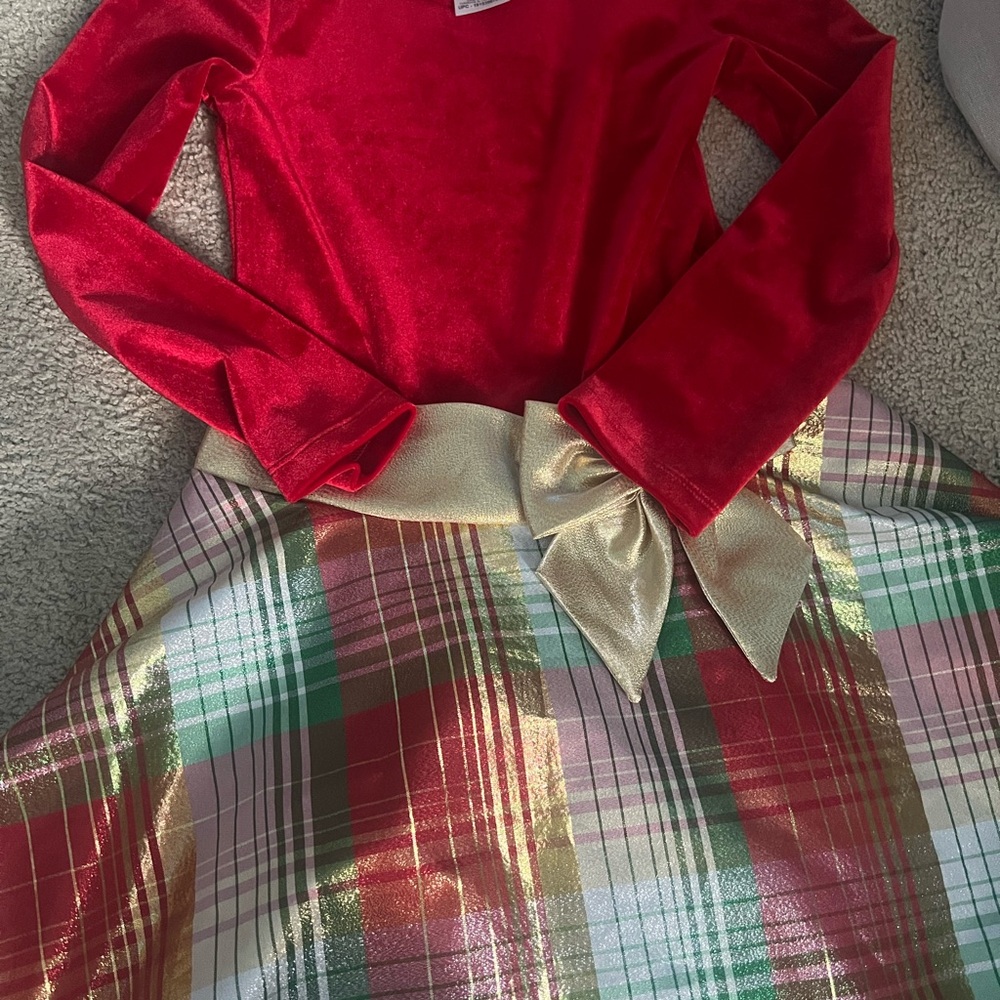 Red Velvet Top with Plaid Skirt
